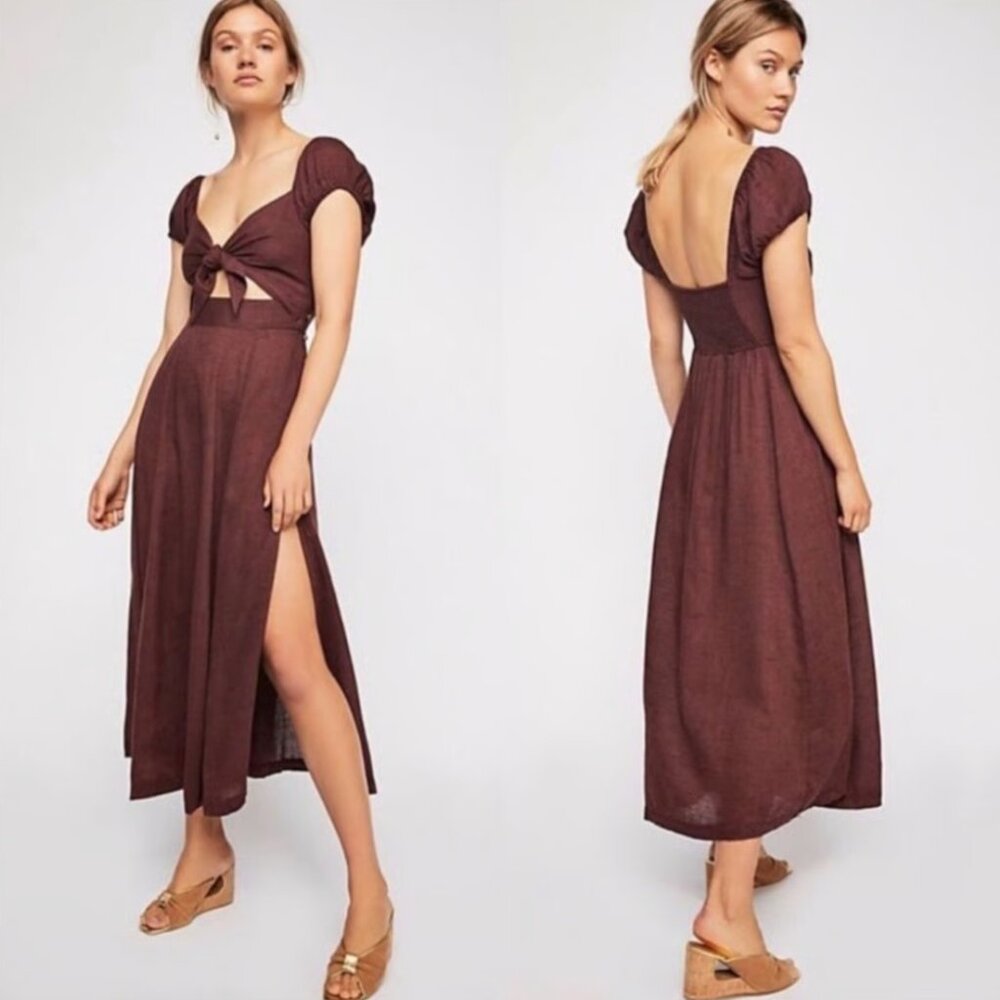 Free People Purple Getaway Side Button Cutout Tie Front Cotton Slub Midi Dress S